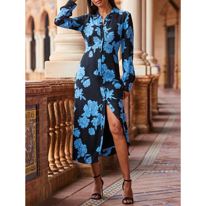 SOSANDAR Black/Blue Floral Midi Dress