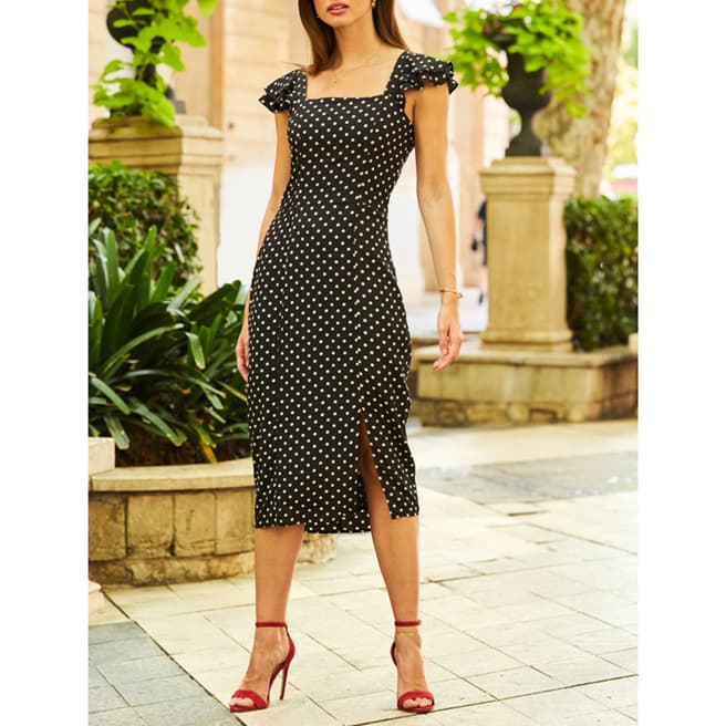 SOSANDAR Black & White Spot Print Square Neck Ruffle Sleeve Midi Dress