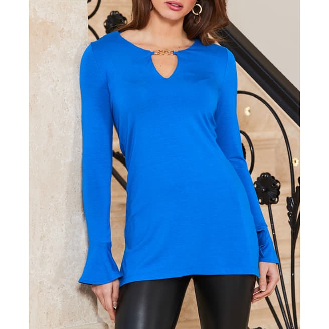 SOSANDAR Blue Fluted Sleeve Gold Chain Detail Top