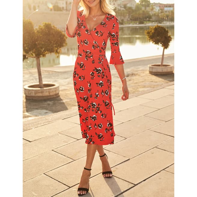 SOSANDAR Red & Black Floral Print Jersey Midi Dress