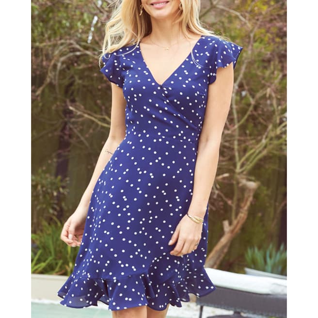 SOSANDAR Navy Blue & White Spot Print Ruffle Hem Wrap Dress