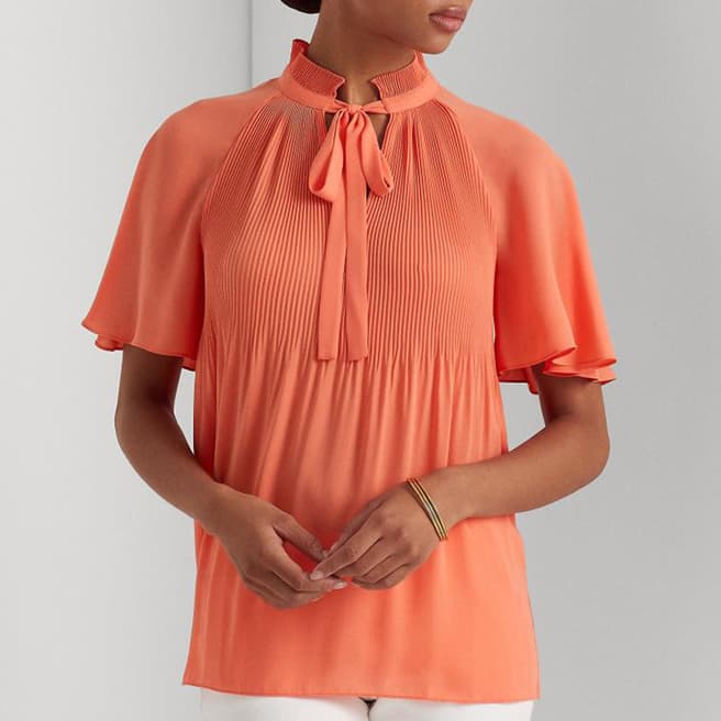 Lauren Ralph Lauren Orange Pleated Tie Neck Blouse