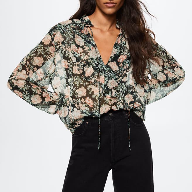 Mango Black Floral Print Blouse