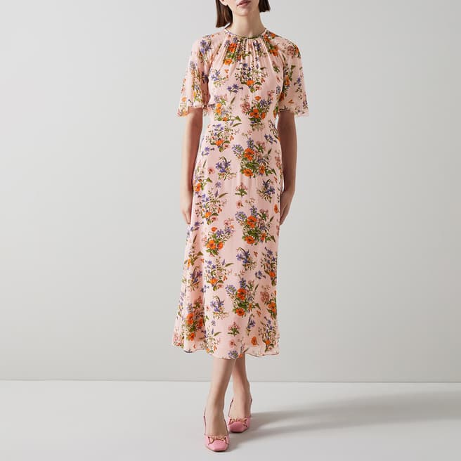 L K Bennett Pink/Multi Elowen Floral Midi Dress