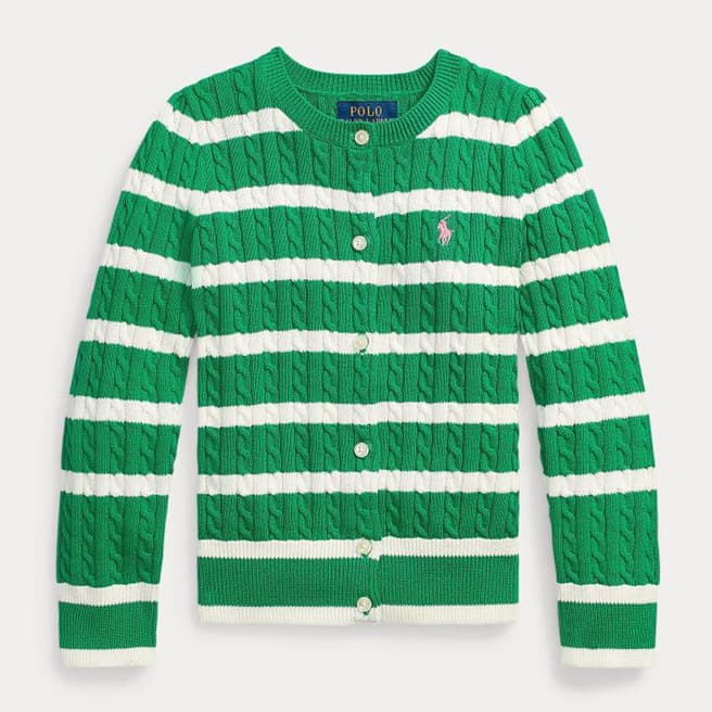 Polo Ralph Lauren Toddler Girl's Green Striped Cable Knit Cotton Cardigan