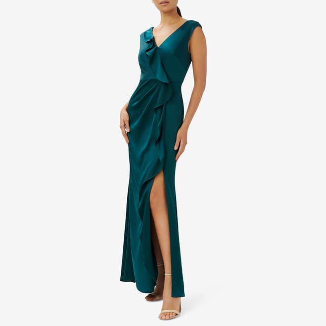 Adrianna Papell Dark Green Satin Ruffle Dress