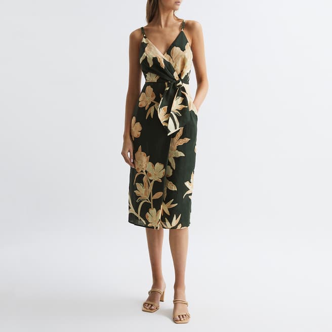 Reiss Khaki Alice Floral Midi Dress