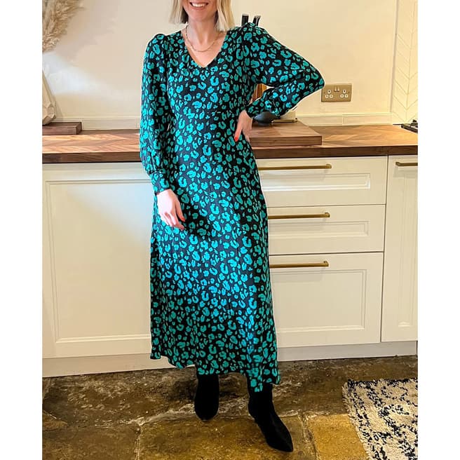 Scamp & Dude Green Leopard Print Blouson Sleeve Dress
