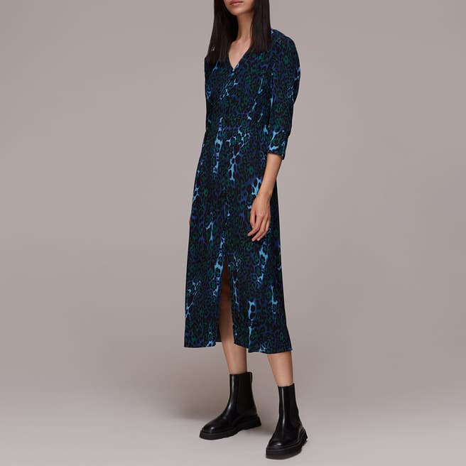 WHISTLES Blue Night Cat Print Midi Dress