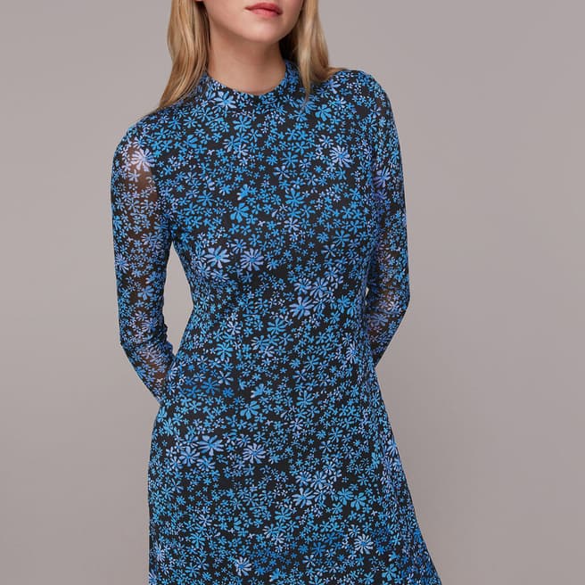 WHISTLES Blue Boho Floral Minimal Mesh Dress