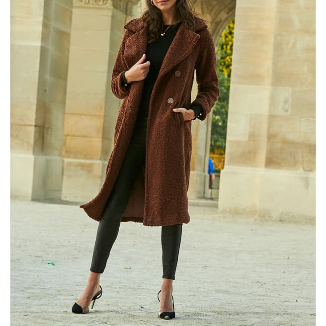 SOSANDAR Brown Super Cosy Longline Borg Coat