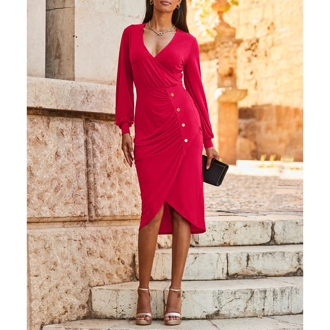 SOSANDAR Pink Wrap Front Button Detail Dress