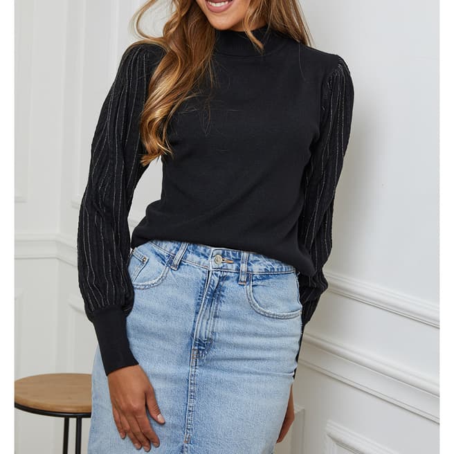 SOFT CASHMERE Black Cashmere Blend Puff Sleeve Jumper