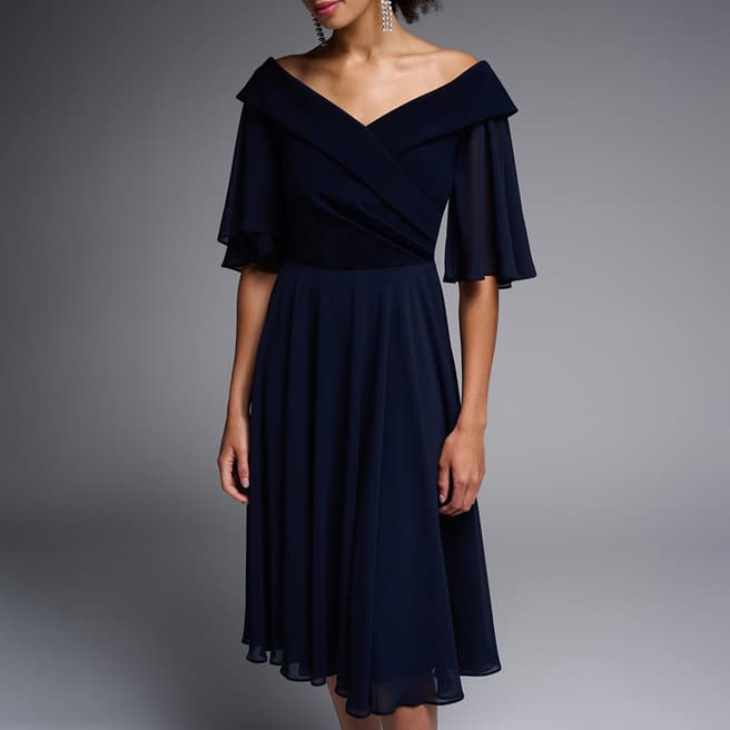 Joseph Ribkoff Navy Off Shoulder Frill Midi Dress