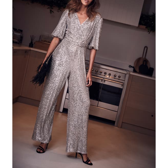 Mint Velvet Silver Sequin V Neck Jumpsuit