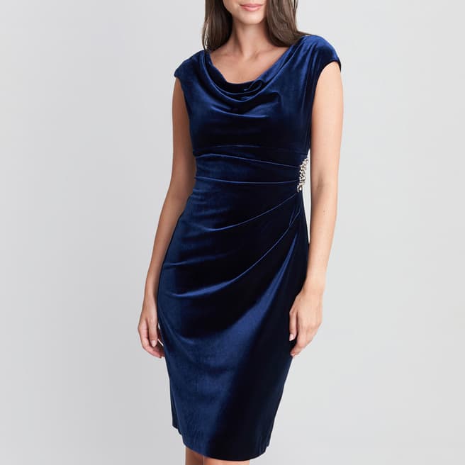 Gina Bacconi Navy Jeanie Velvet Cowl Neck Dress