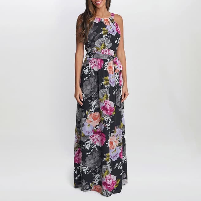 Gina Bacconi Black/Multi Claudia Printed Halter Maxi Dress