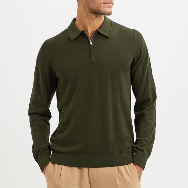 Reiss Khaki Aidan Half Zip Cotton Jumper