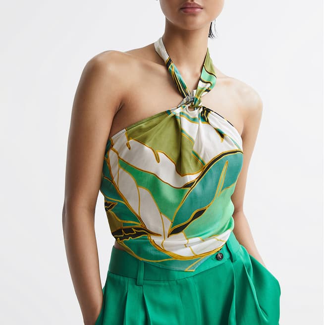 Reiss Green Luna Printed Halter Neck Top