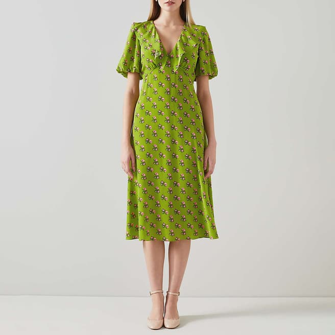 L K Bennett Lime Floral Edeline Silk Midi Dress