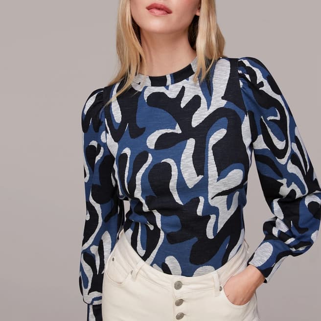 WHISTLES Blue Foliage Jacquard Jumper