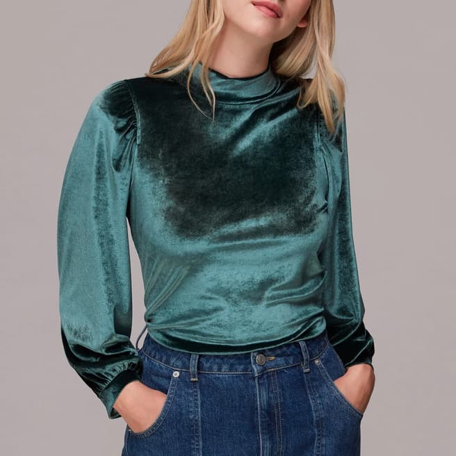 WHISTLES Green High Neck Velvet Top