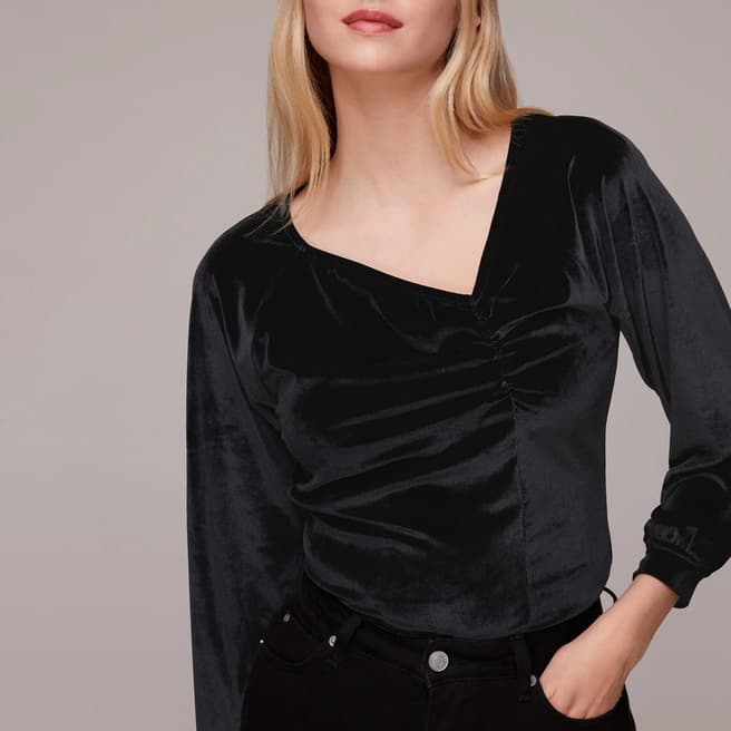 WHISTLES Black Asymmetric Neck Velvet Top