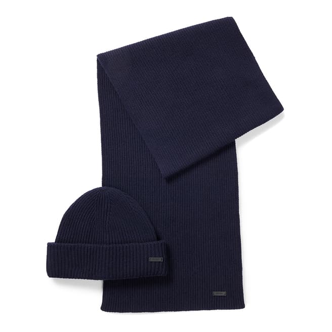 BOSS Dark Blue Fantastico Wool Blend Hat and Scarf Set