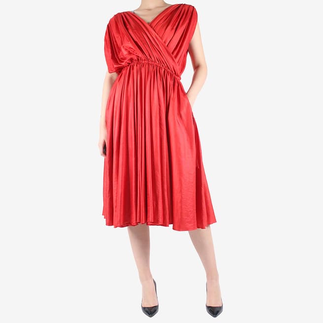 Pre-Loved Bottega Veneta Red Sleeveless Pleated Dress UK 10