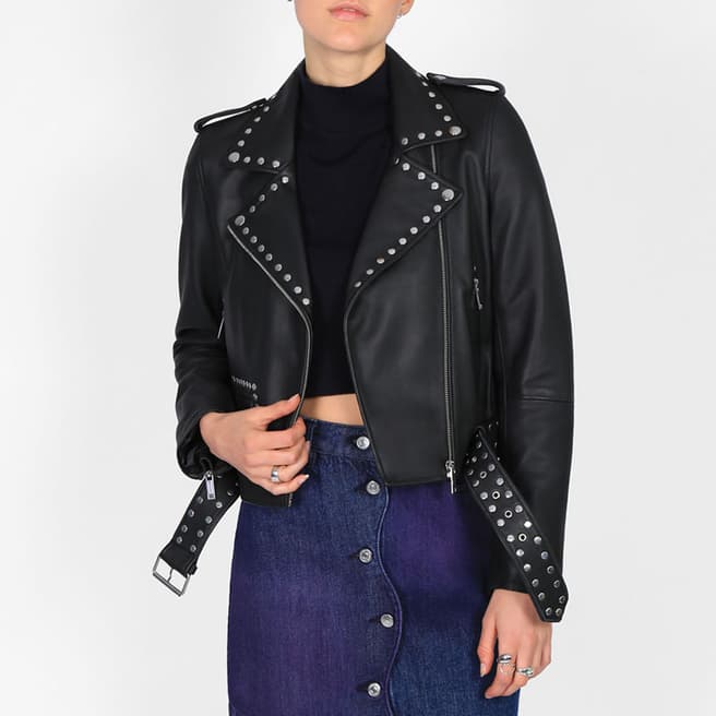 Bolongaro Trevor Black Studded Belted Leather Biker Jacket