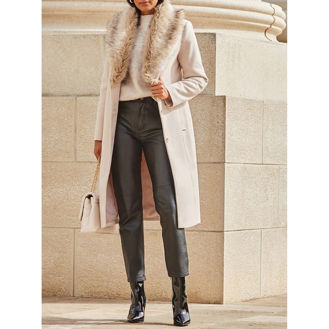 SOSANDAR Oatmeal Faux Fur Shawl Collar Longline Coat