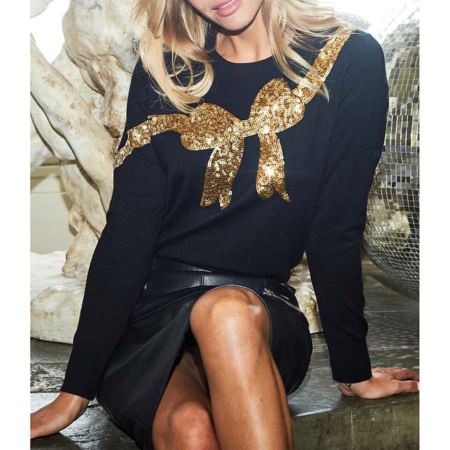 SOSANDAR Black Gold Sequin Bow Knit Jumper