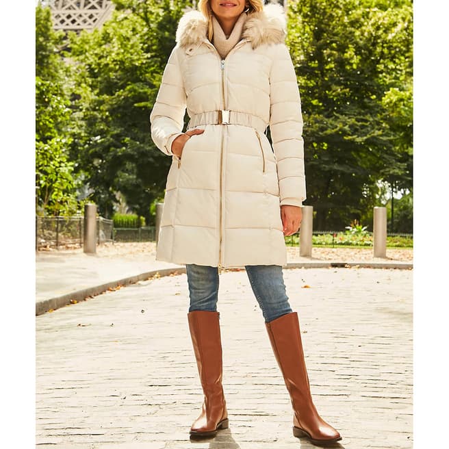 SOSANDAR Cream Faux Fur Trim Luxe Longline Padded Coat