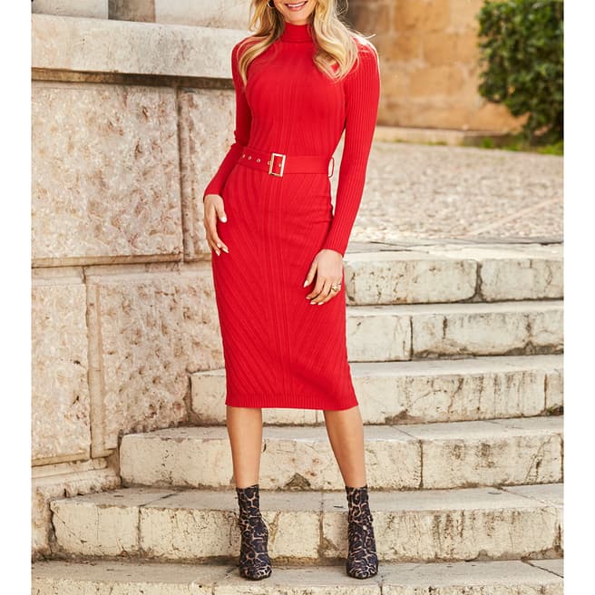 SOSANDAR Red Belted Knitted Midi Dress