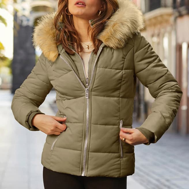 SOSANDAR Khaki Green Faux Fur Trim Luxe Padded Coat With Silver Zip Pockets