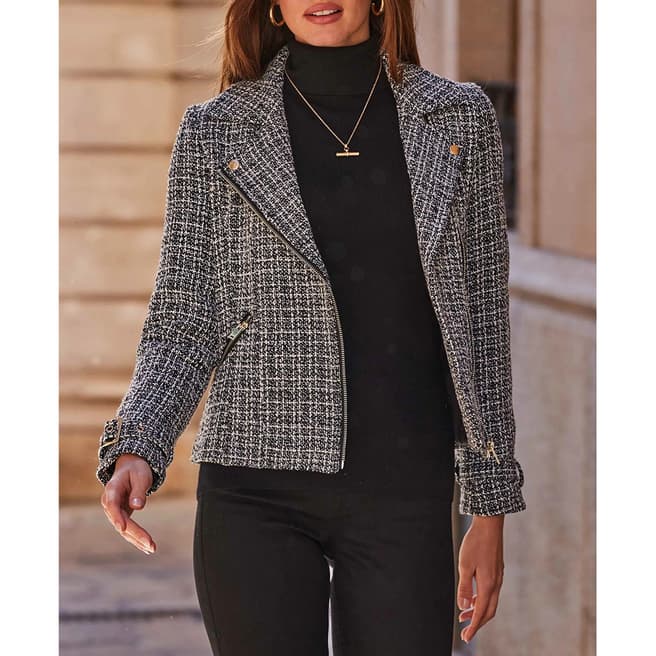 SOSANDAR Black Luxe Tweed Biker Jacket