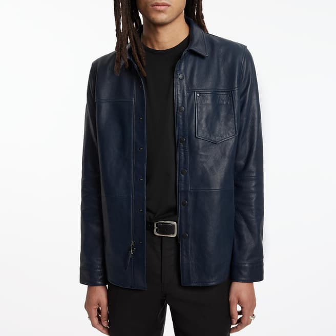 John Varvatos Navy Snap/Zip Leather Shirt