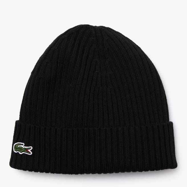 Lacoste Black Ribbed Wool Beanie