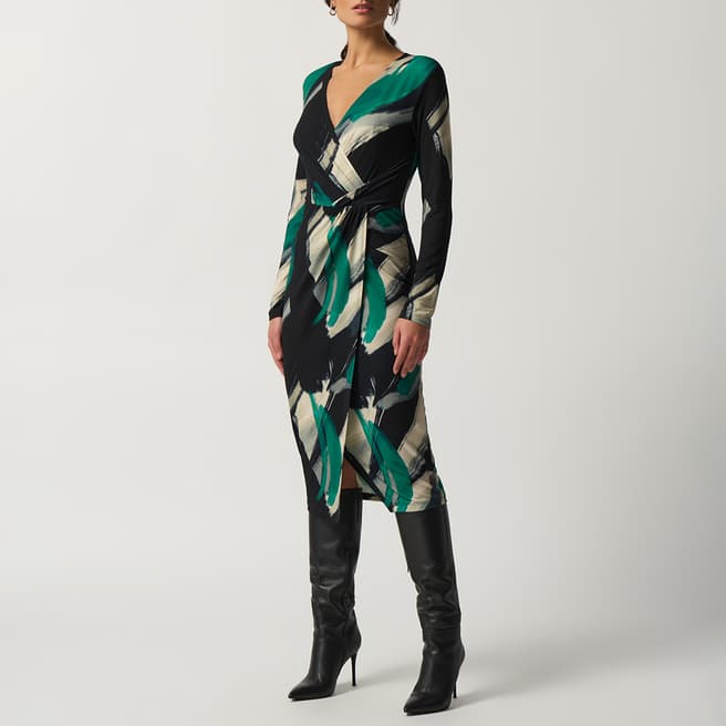 Joseph Ribkoff Black and Green Abstract Wrap Midi Dress