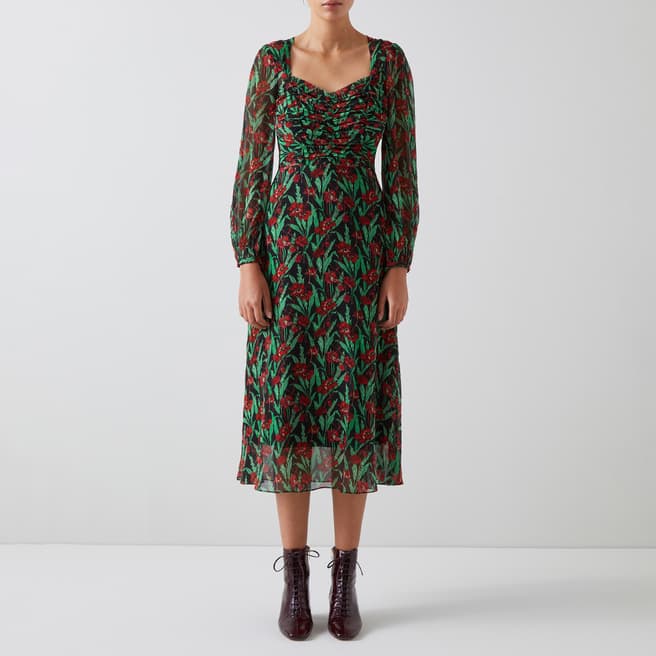 L K Bennett Green and Red Flare Dress
