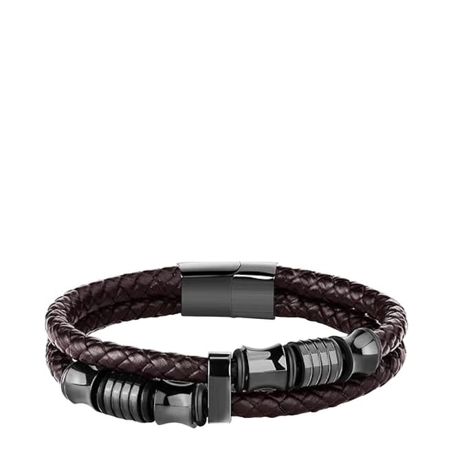 Stephen Oliver Black Plated Brown Leather Double Row Bracelet