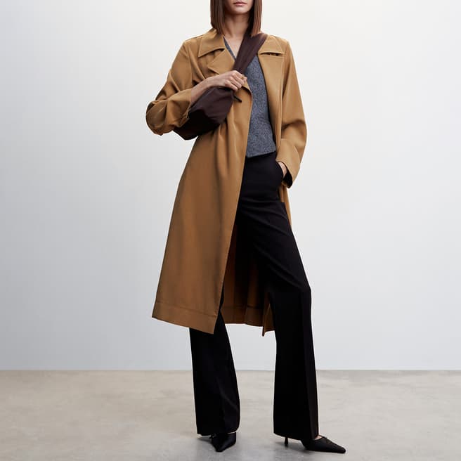 Mango Brown Flowy Lapel Trench Coat