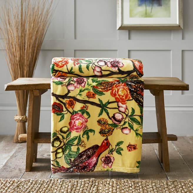 Deyongs Bird Blossom Mustard Printed Flannel Fleece Throw