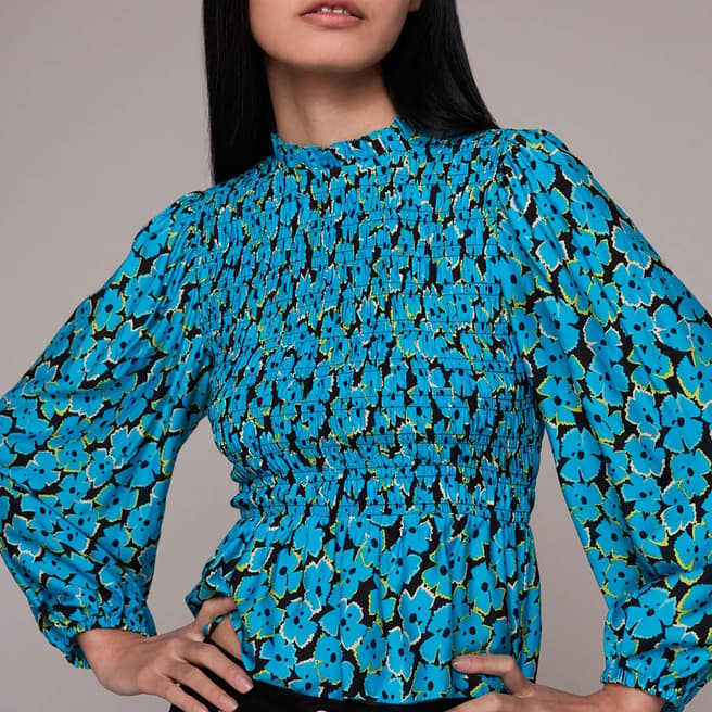 WHISTLES Blue Farfalle Foral Shirred Silk Blend Top