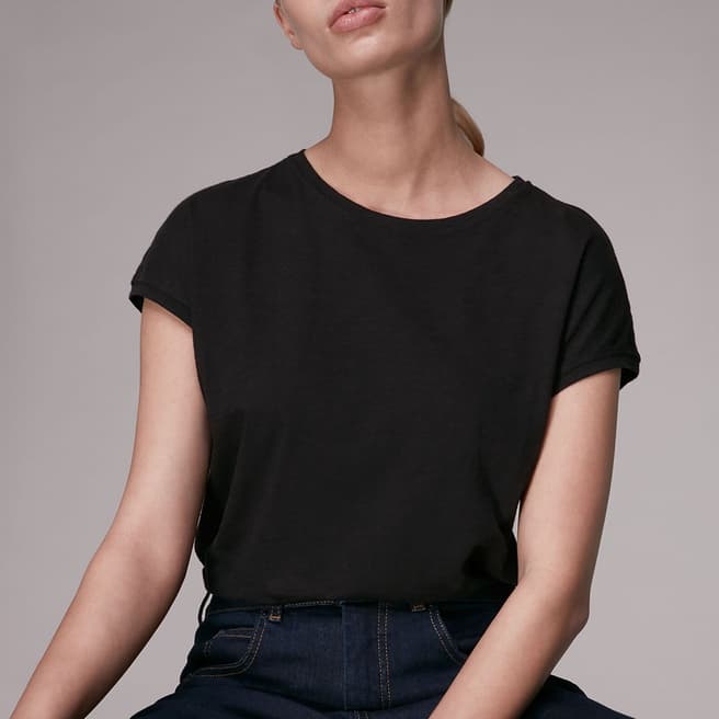 WHISTLES Black Minimal Cap Sleeve Cotton T-Shirt