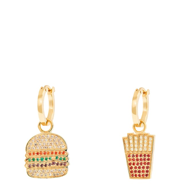 Rosie Fortescue Jewellery Gold Burger and Chips Charm Hoops