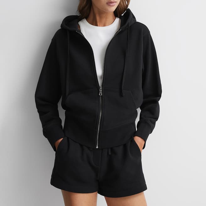 Reiss Black Frankie Zipped Cotton Blend Hoodie