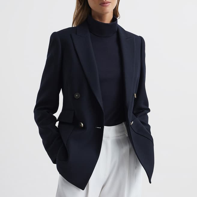 Reiss Navy Larsson Double Breasted Wool Blend Blazer