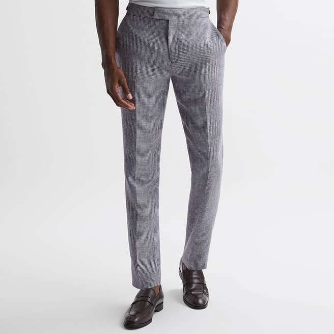 Reiss Navy Squad Dogtooth Slim Linen Trousers