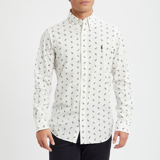 Polo Ralph Lauren White Poplin Printed Stretch Cotton Blend Shirt